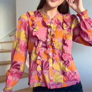 Warm New York Winnie Beattie Groovy 70s Ruffle Button Front Up Top or Blouse 1